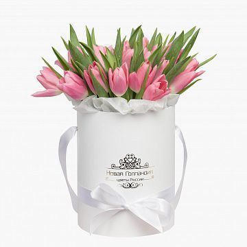 25 розовых тюльпанов в белой маленькой шляпной коробке №528 25 розовых тюльпанов в белой маленькой шляпной коробке №528