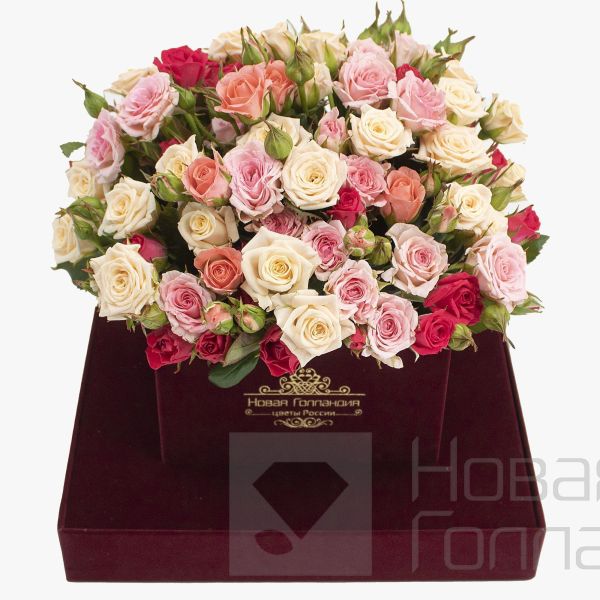 15 кустовых роз микс в бархатной шкатулке