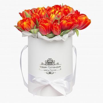 35 красно-рыжих тюльпанов в белой шляпной коробке №557 35 красно-рыжих тюльпанов в белой шляпной коробке №557