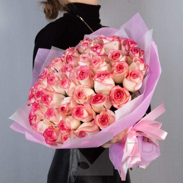Букет 51 розовая роза с каймой Кения 40 см в упаковке
