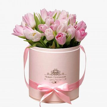 35 розовых тюльпанов в розовой шляпной коробке №217 35 розовых тюльпанов в розовой шляпной коробке №217