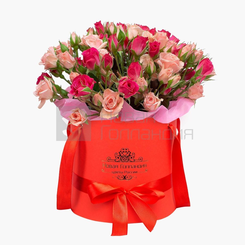Ассорти из кустовых роз в красной коробке №717