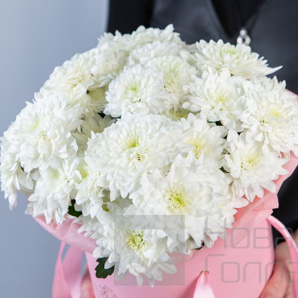 7 Белых хризантем в розовой шляпной коробке №78