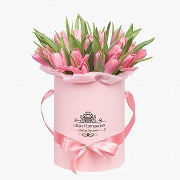 25 розовых тюльпанов в розовой маленькой шляпной коробке №527 25 розовых тюльпанов в розовой маленькой шляпной коробке №527