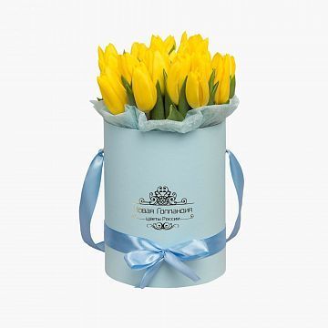 25 желтых тюльпанов в голубой маленькой шляпной коробке №526 25 желтых тюльпанов в голубой маленькой шляпной коробке №526