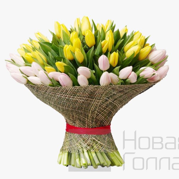 Букет 101 желто-розовый тюльпан