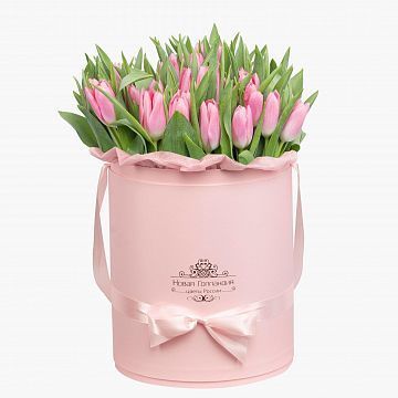 59 розовых тюльпанов в большой розовой шляпной коробке №532 59 розовых тюльпанов в большой розовой шляпной коробке №532