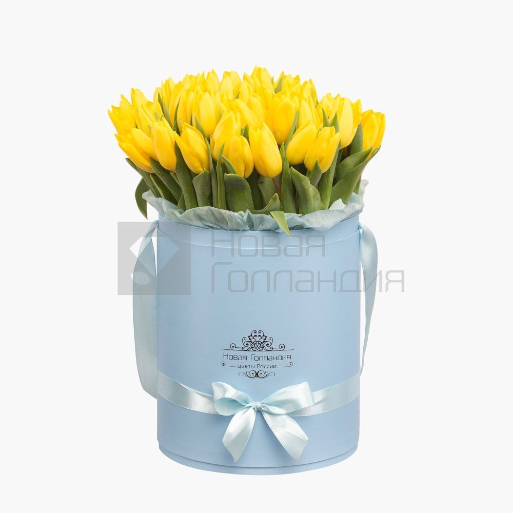 59 желтых тюльпанов в большой голубой шляпной коробке №529