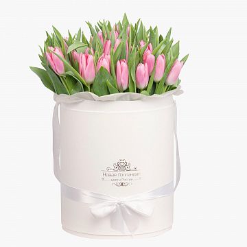 59 розовых тюльпанов в большой белой шляпной коробке №531 59 розовых тюльпанов в большой белой шляпной коробке №531